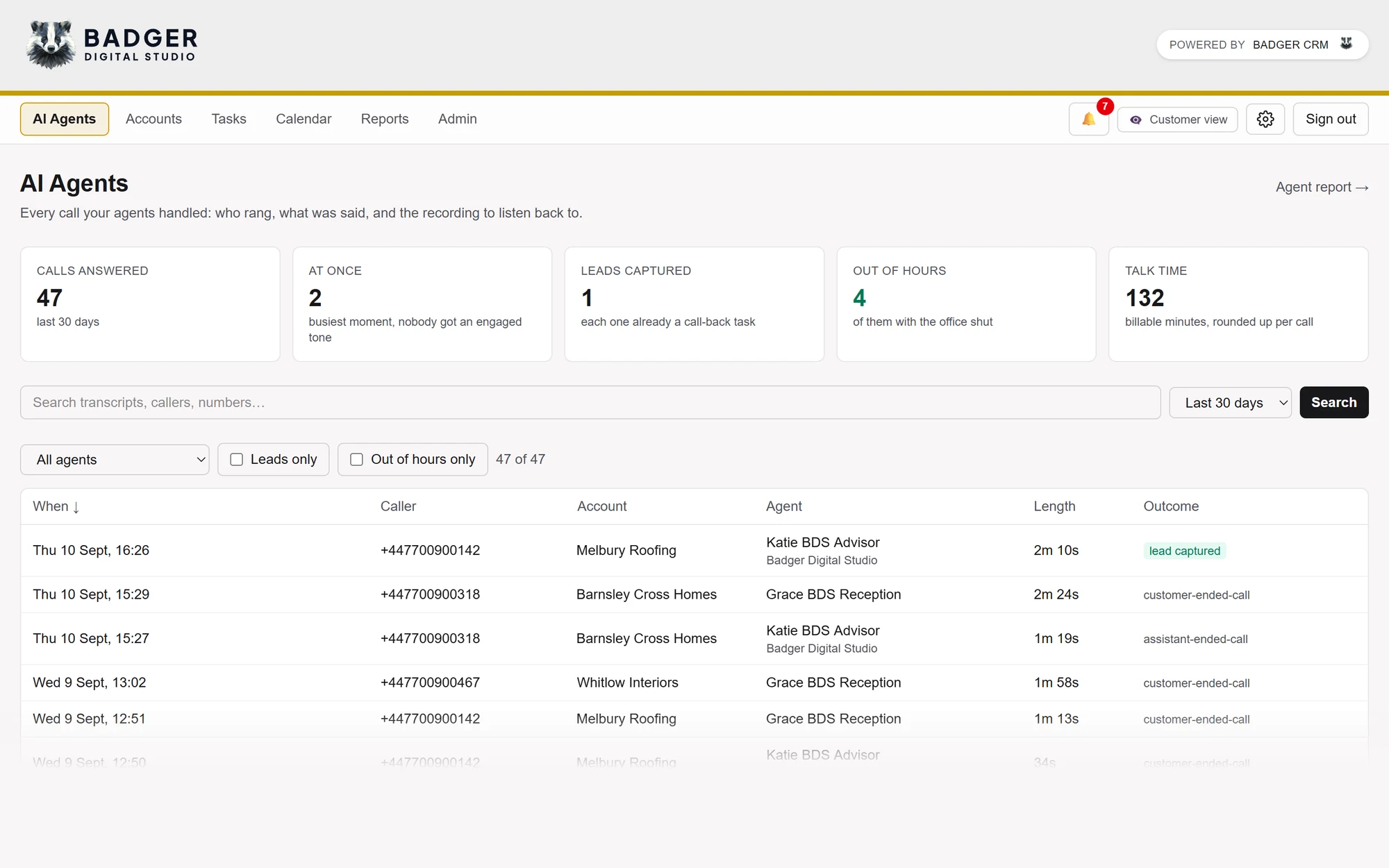 BadgerCRM AI Agents call log with calls answered, leads captured, out of hours calls, talk time and a searchable list of calls