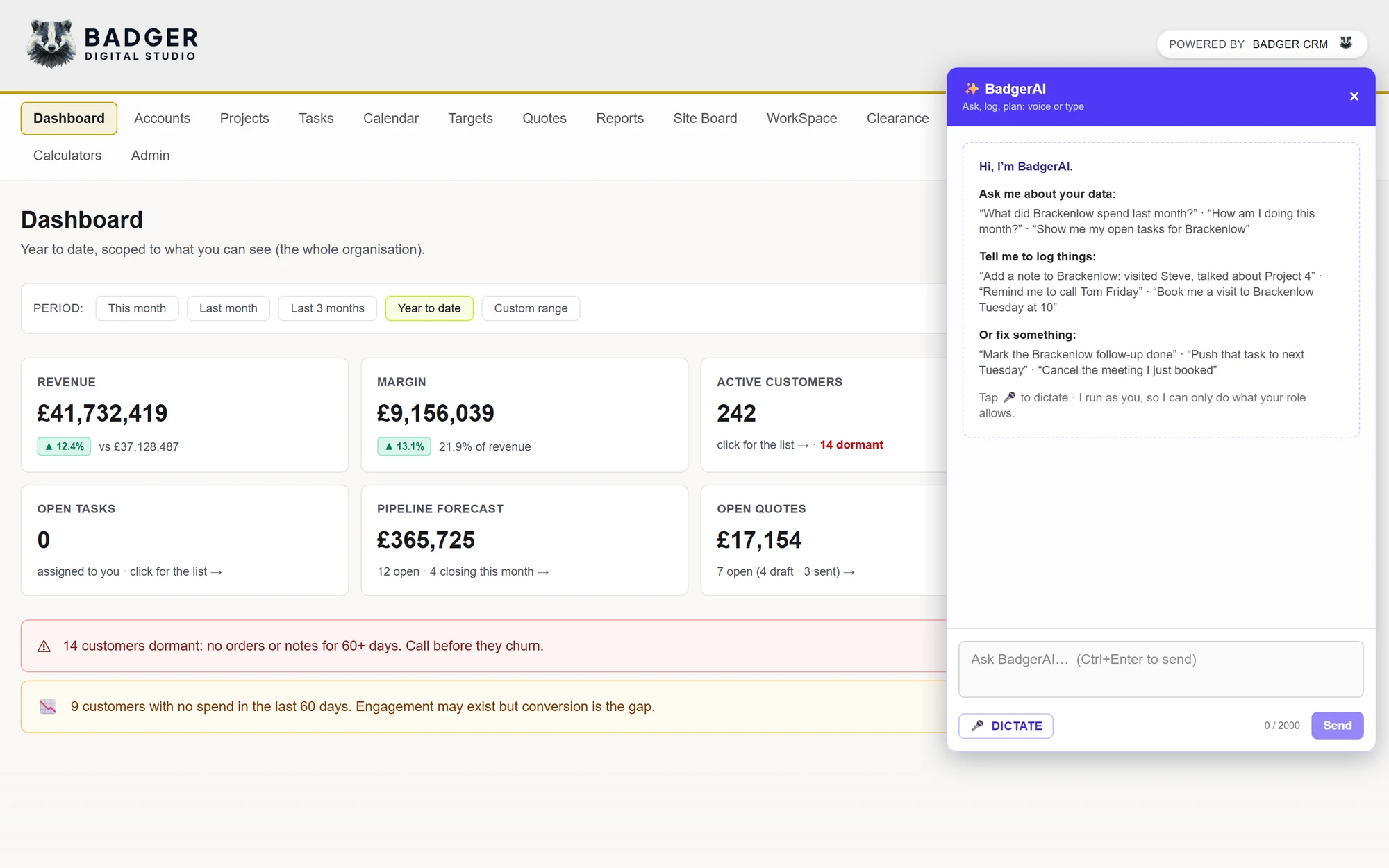 BadgerAI assistant panel open over the BadgerCRM dashboard, with example questions and a dictate button