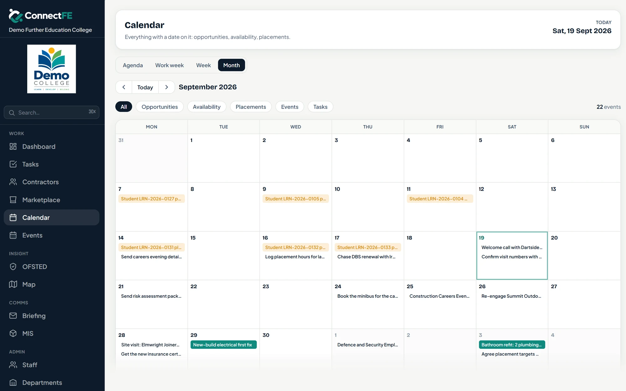 ConnectFE month calendar showing student placements, tasks, events and marketplace opportunities