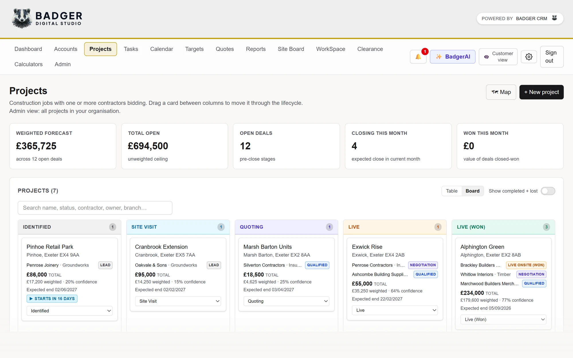 BadgerCRM projects board with columns from identified to live and won, and a weighted forecast